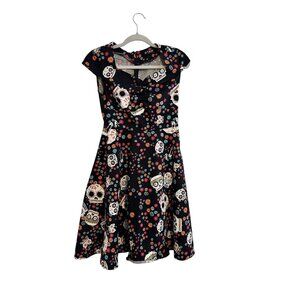 Womens Black Sugar Skull &‎ Floral Print Dress Size S